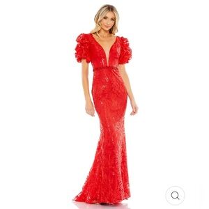 Mac Duggal EMBELLISHED PUFF SLEEVE PLUNGE NECK TRUMPET GOWN size 12
